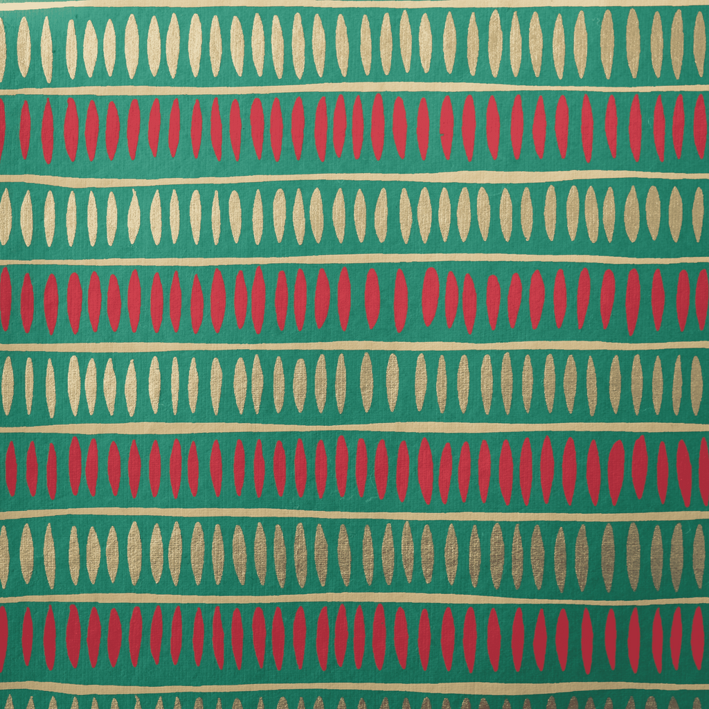Patterned fabric with red and beige shapes on a green background