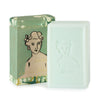 Bar of soap with a decorative packaging featuring an illustration on a white background