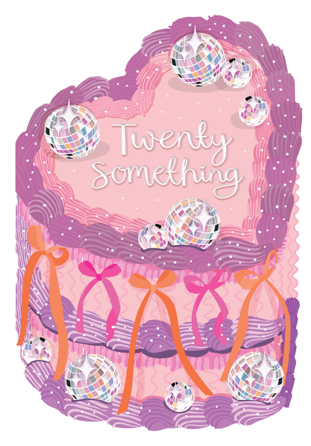 Decorative card with 'Twenty Something' text, disco balls, and ribbons on a pink and purple background.
