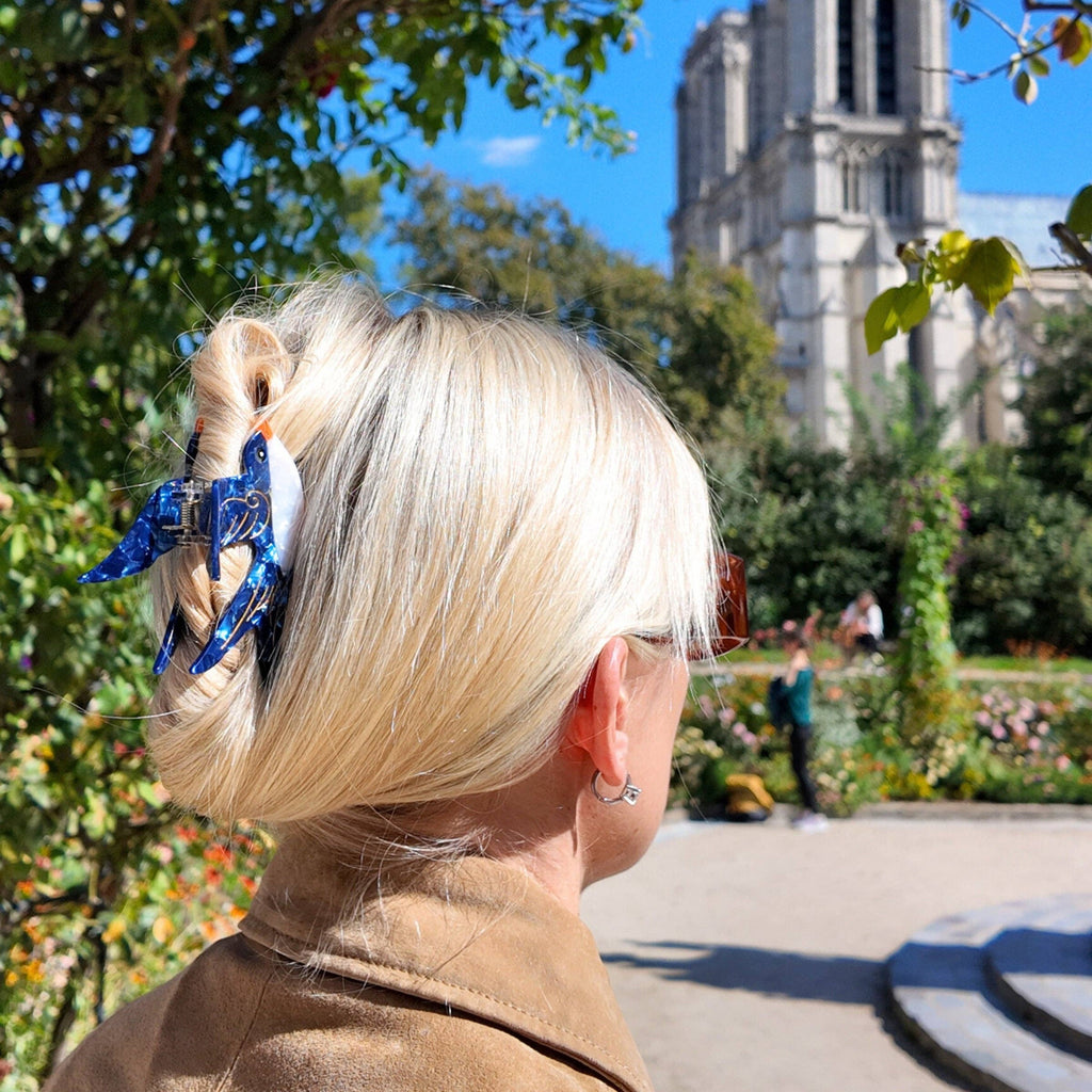 Person with blonde hair and blue hair accessory standing in front of Notre-Dame Cathedral