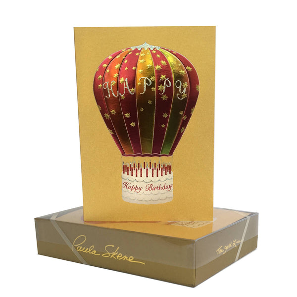 Greeting card with hot air balloon design and 'Happy Birthday' text, featuring Laura Stener branding.