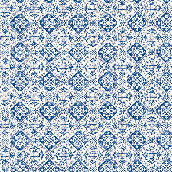 Patterned fabric with blue and white geometric design