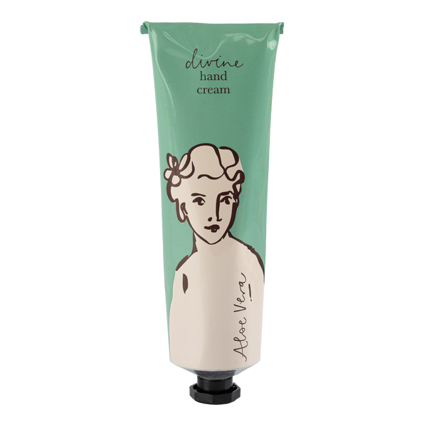 Hand cream tube with a design of a woman's face on a green background