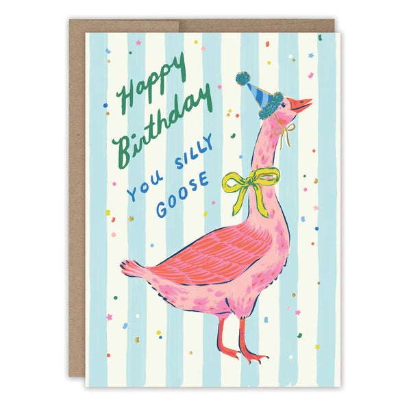 Birthday card with a goose illustration and text on a striped background