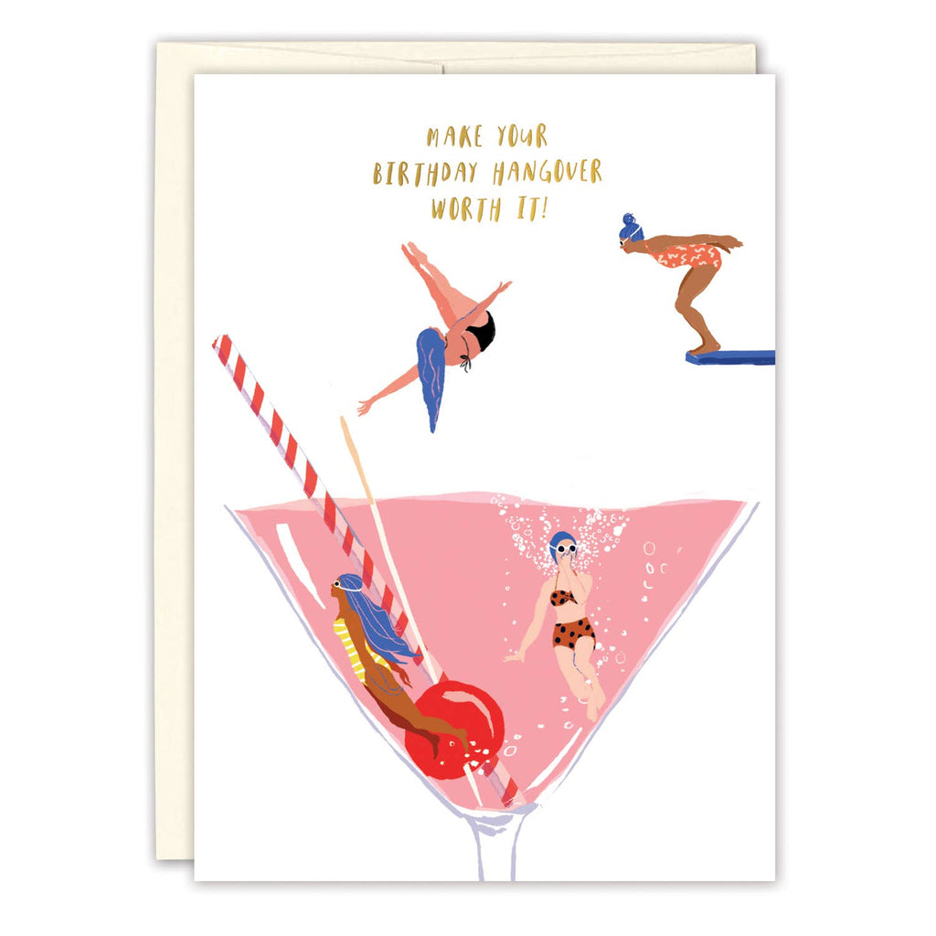 Birthday card with illustration of people in swimsuits in a pink cocktail, text 'Make your birthday hangover worth it!'.