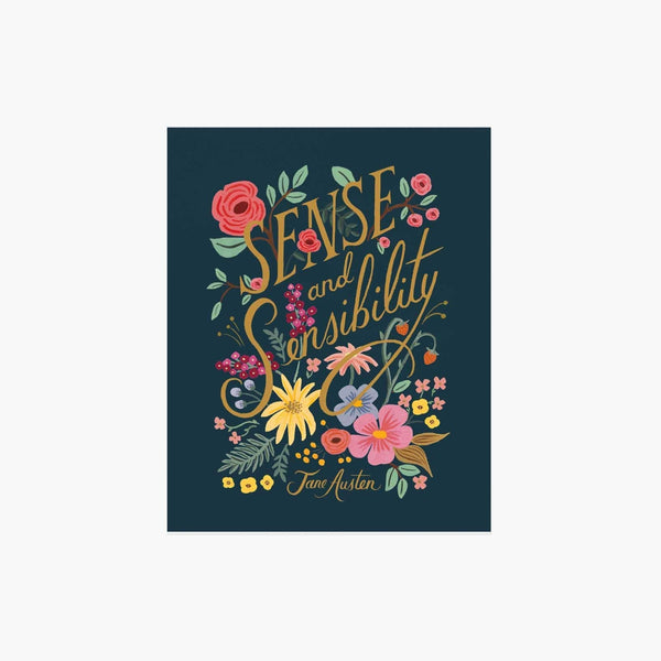 Book cover of 'Sense and Sensibility' with floral design on a dark blue background