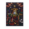 Decorative nativity scene with colorful figures and elements on a dark background