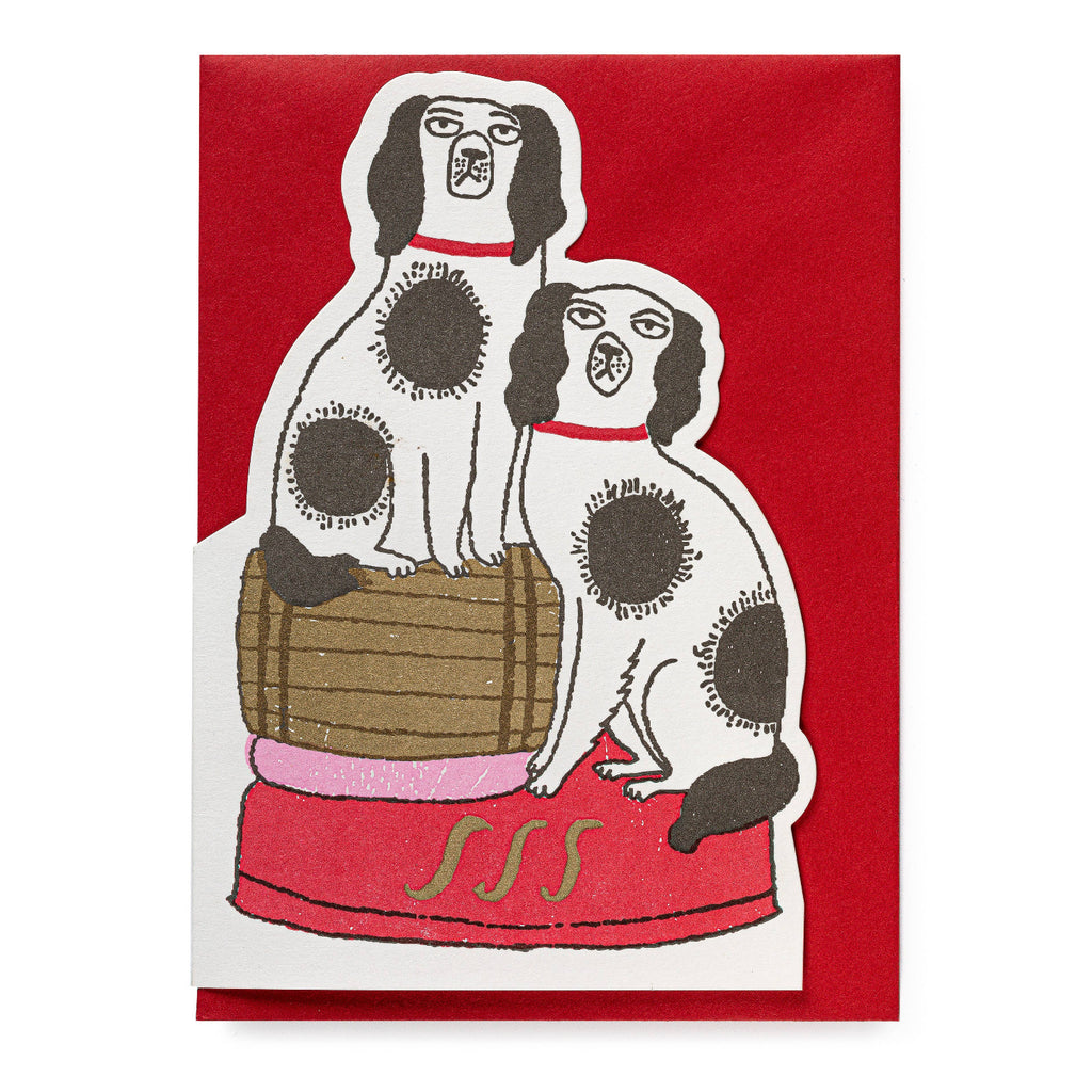 Illustration of two dogs with sunflower designs on a red background