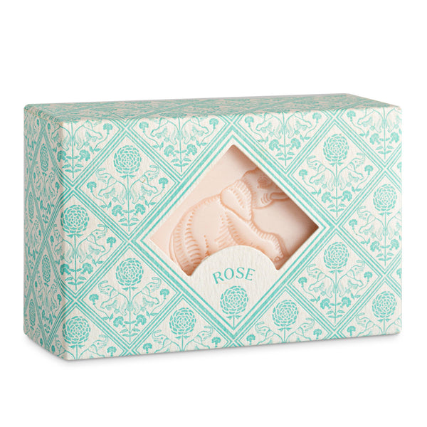Boxed rose-shaped soap with decorative packaging on a white background