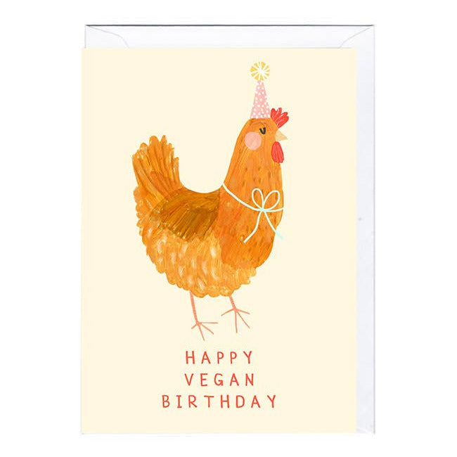 A greeting card with an illustration of a chicken wearing a party hat and the text 'Happy VEGAN BIRTHDAY'.
