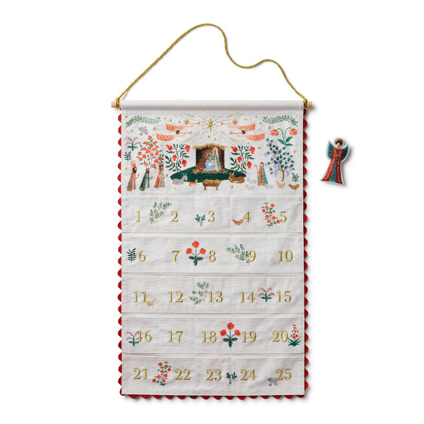 Decorative Advent calendar with festive designs and numbers on a white background