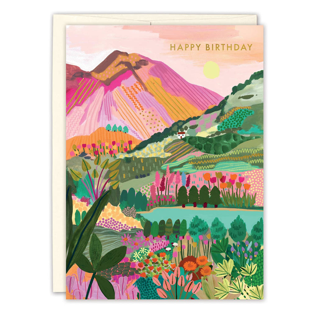 Colorful birthday card with a mountain landscape and 'Happy Birthday' text.