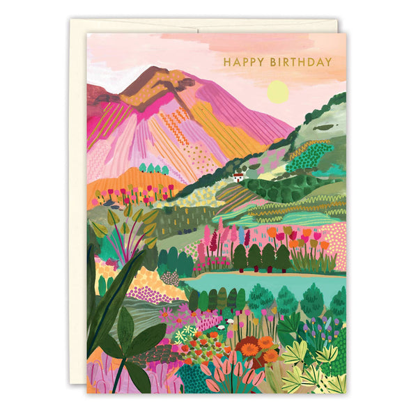 Colorful birthday card with a mountain landscape and 'Happy Birthday' text.
