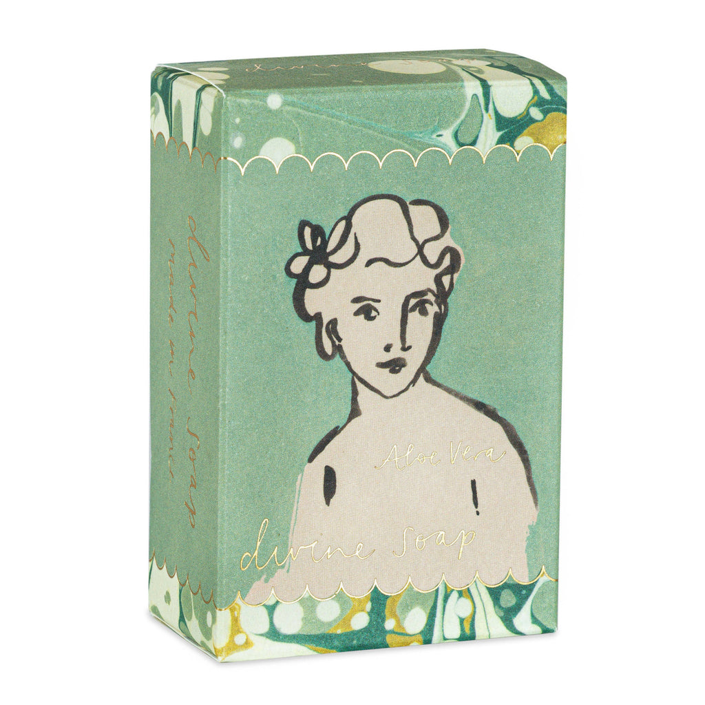 Box with a vintage-style illustration of a young girl on a green background