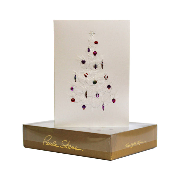 PAULA SKENE DESIGNS - Tree With Ornaments on Silver Satin Christmas Card Box SET