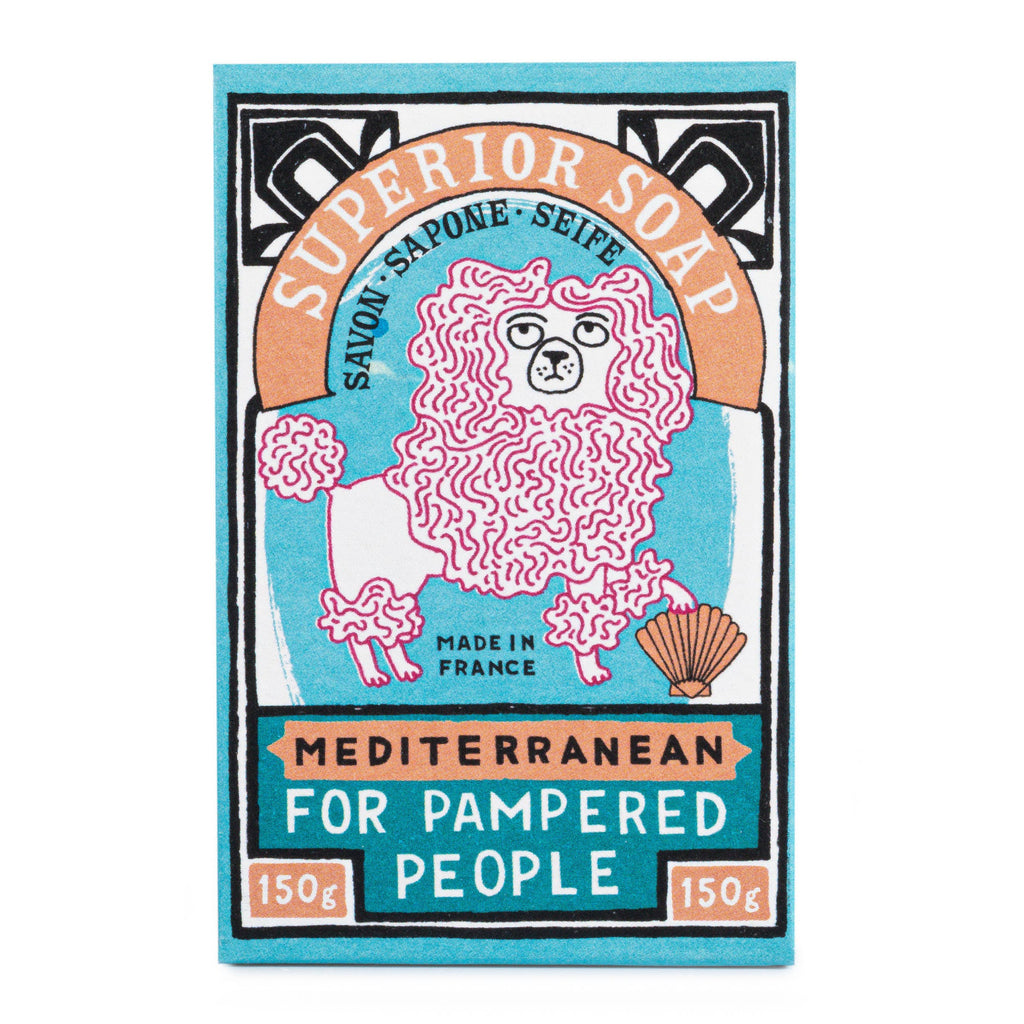 Soap packaging with a cartoon poodle and text on a blue background
