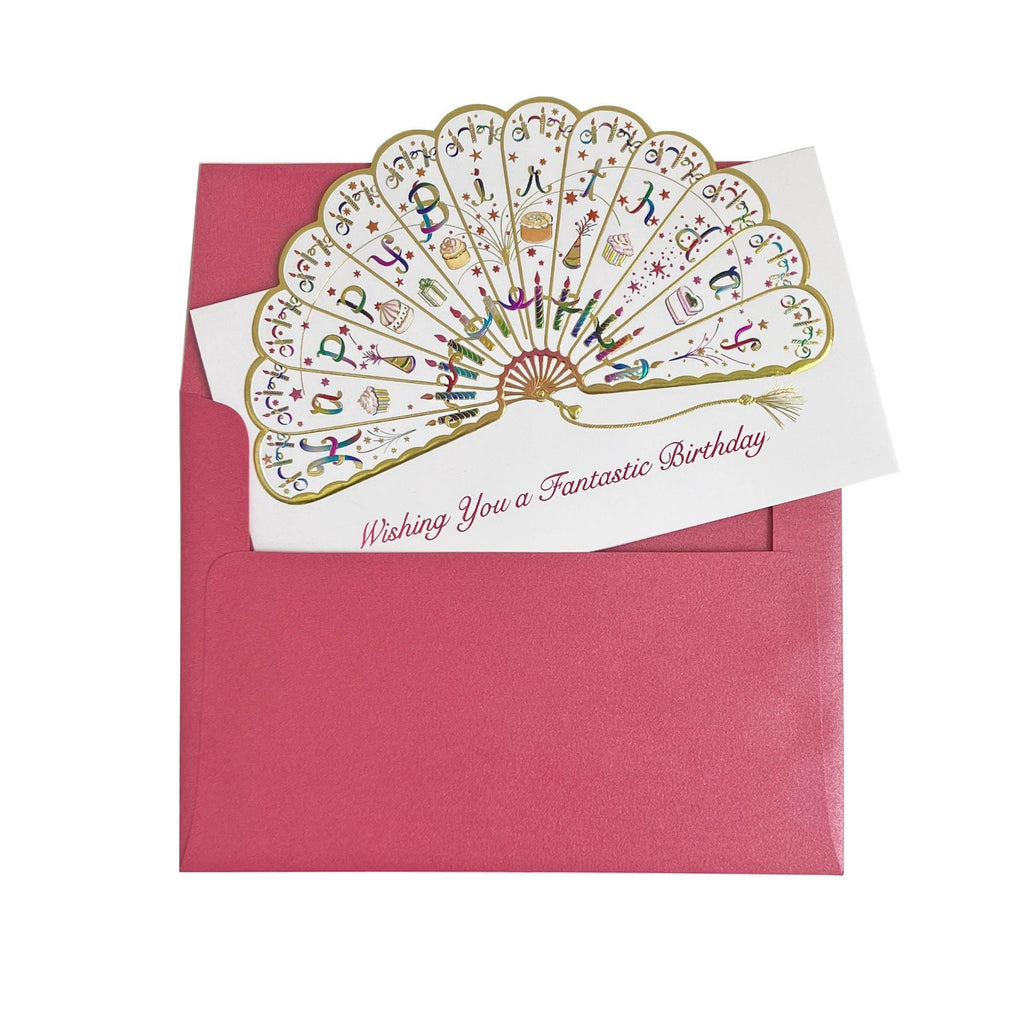 Folding birthday card with decorative design on a pink envelope