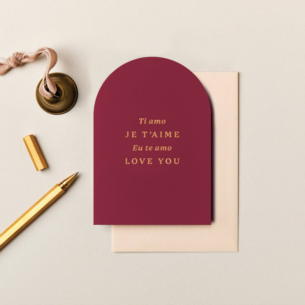 Maroon card with 'LOVE YOU' in gold text on a beige background
