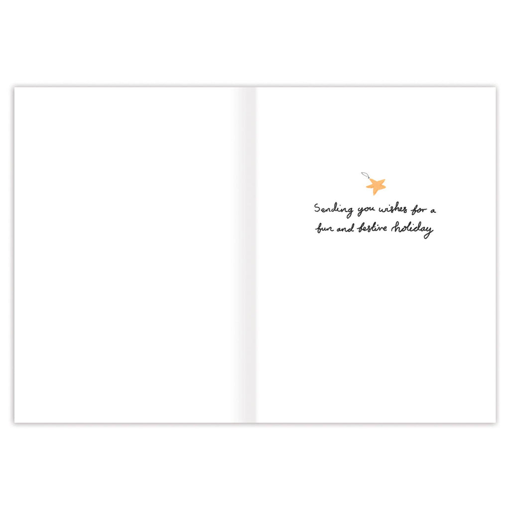 Greeting card with text 'Sending you wishes for a fun and festive holiday' and a small illustration on a white background.
