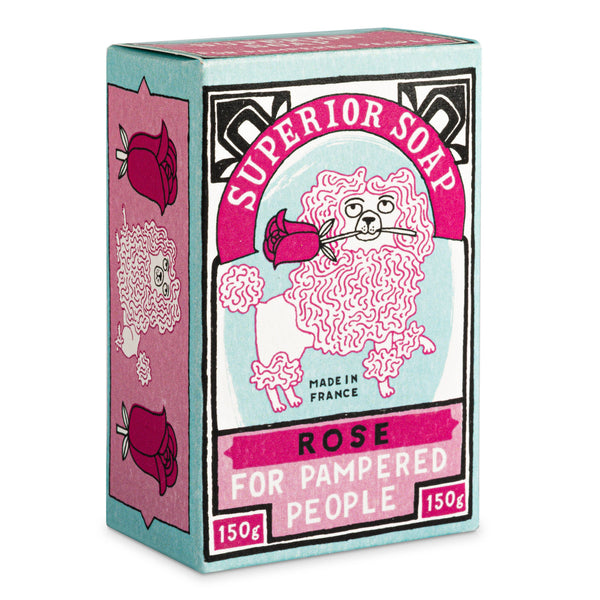 Soap packaging with cartoon sheep and text 'Superior Soap, Rose for Pampered People' on a white background