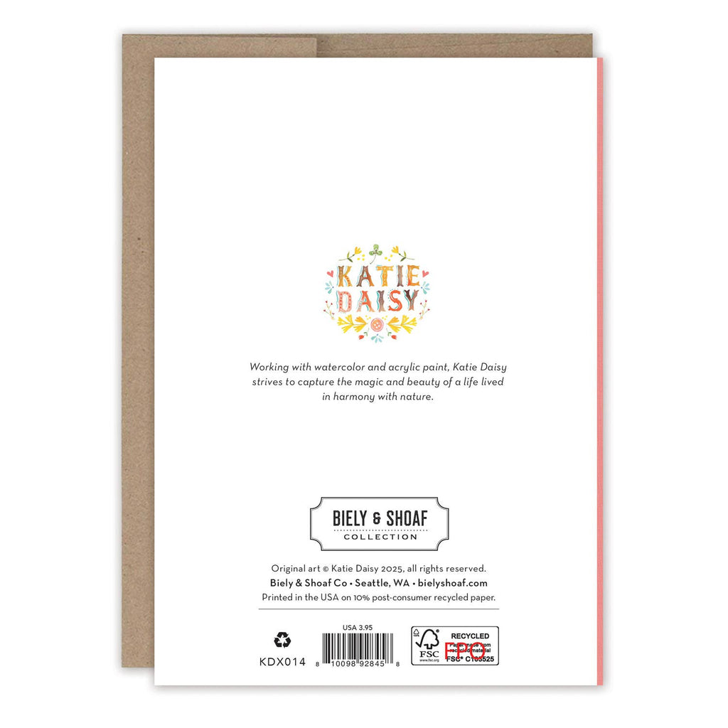 Back of a greeting card with 'Katie Daisy' branding and product details.
