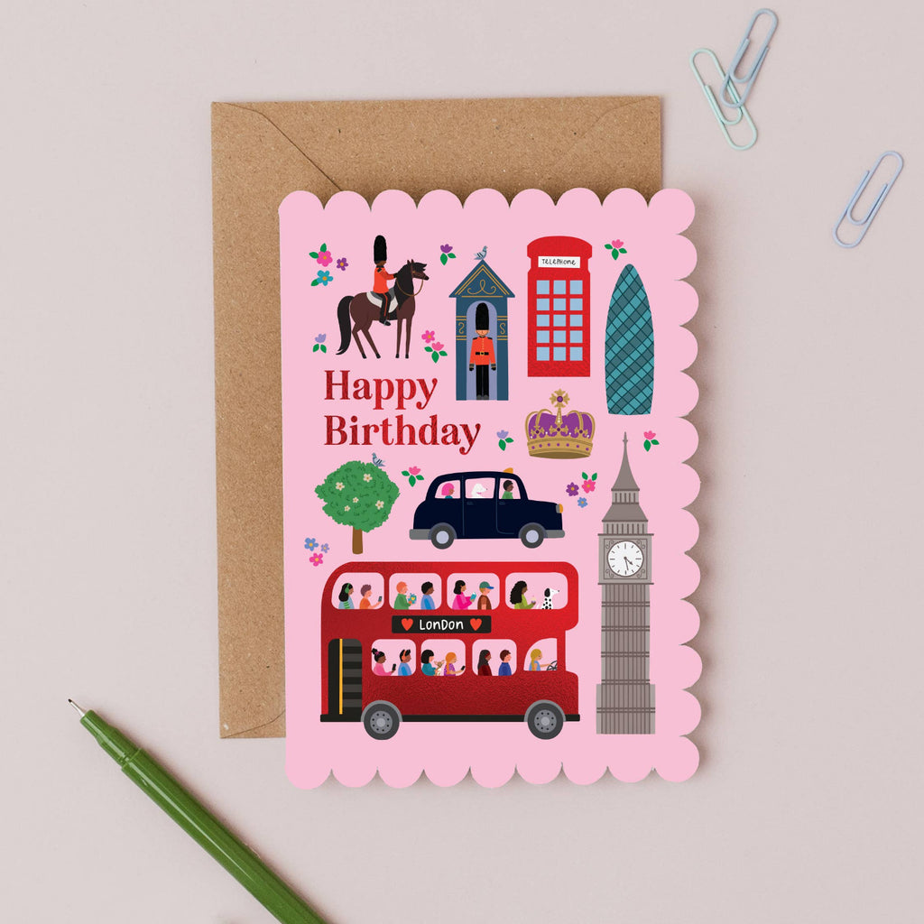 Birthday card with London-themed illustrations on a pink background