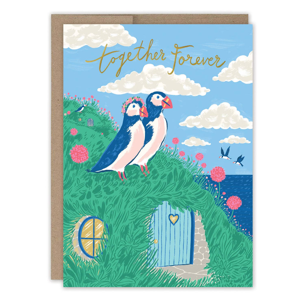 Greeting card with puffins and 'Together Forever' text on a blue sky background