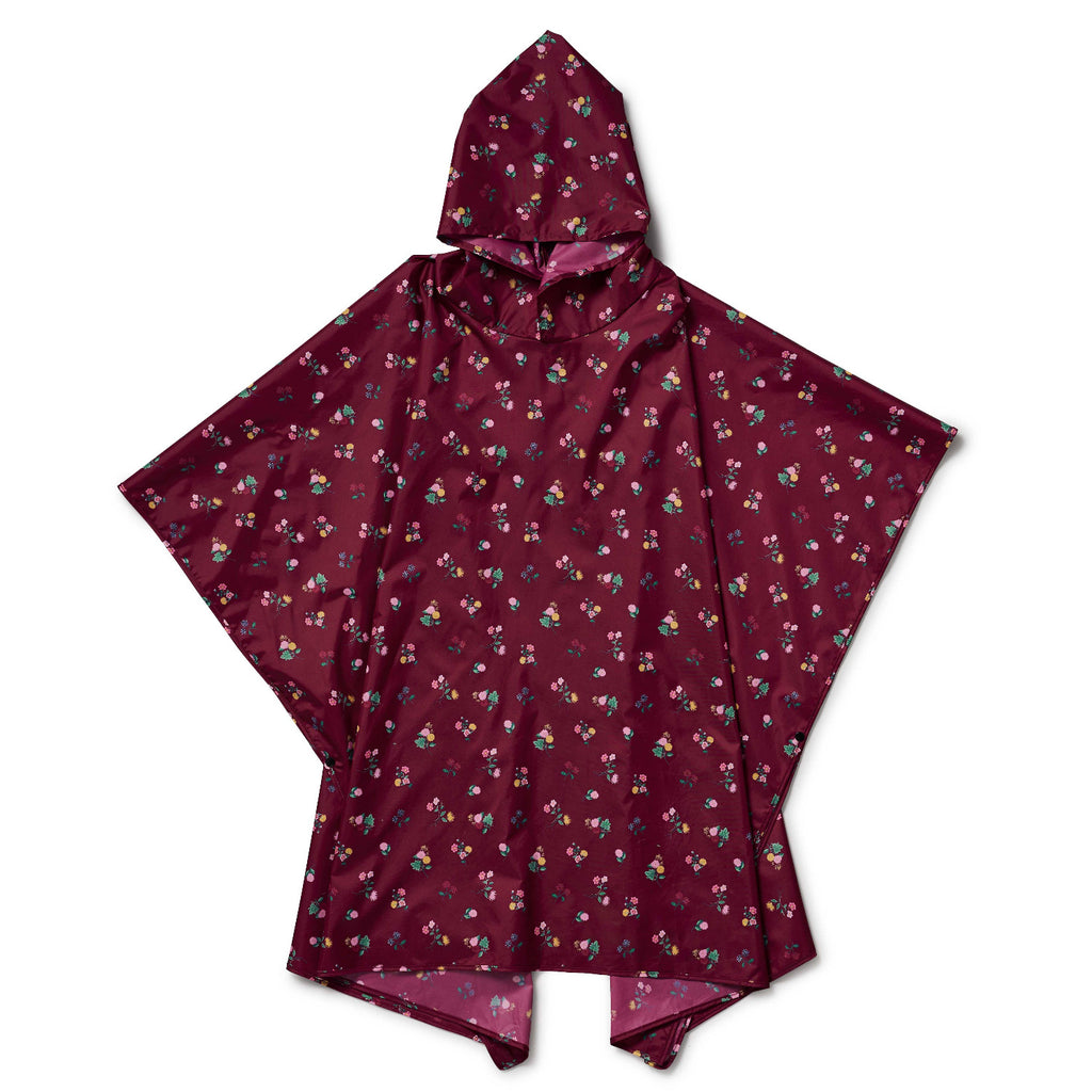 Maroon rain poncho with floral pattern on a white background