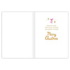 Christmas card with gold text and decorative elements on a white background