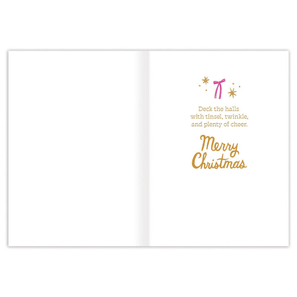Christmas card with gold text and decorative elements on a white background