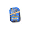 Blue sardine can-shaped pouch with gold accents on a white background