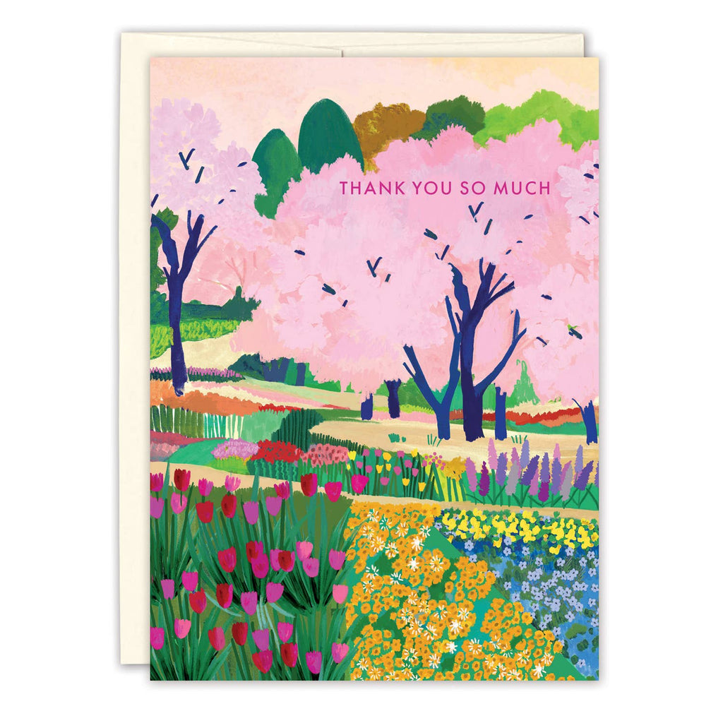 Greeting card with a colorful garden illustration and 'Thank you so much' text.