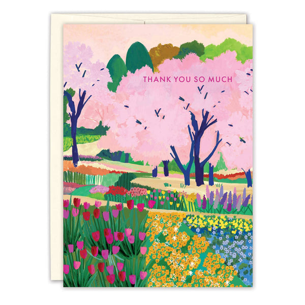 Greeting card with a colorful garden illustration and 'Thank you so much' text.