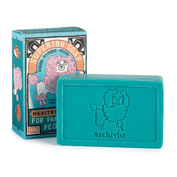 Teal bar of soap with 'Archivist' branding and packaging on a white background