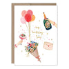 Greeting card with birthday illustrations including balloons, champagne, flowers, and a letter.