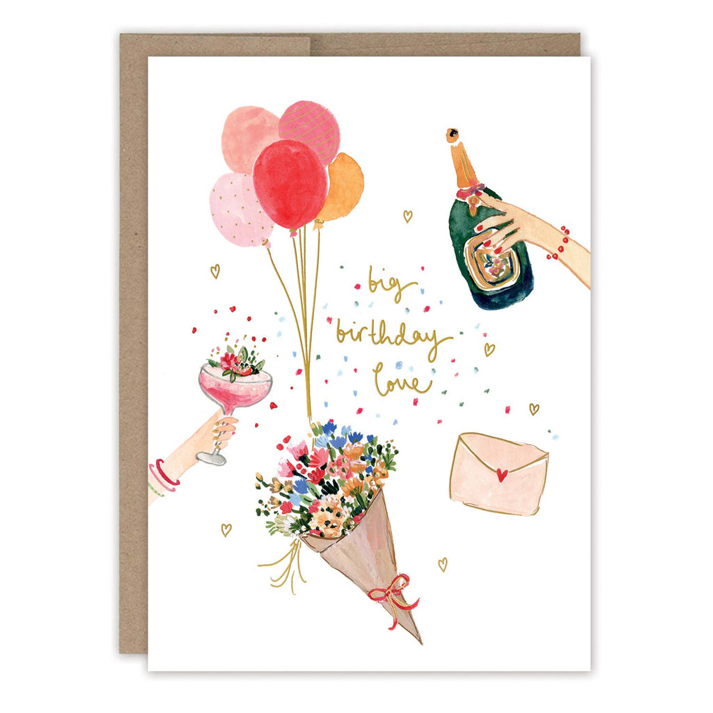 Greeting card with birthday illustrations including balloons, champagne, flowers, and a letter.