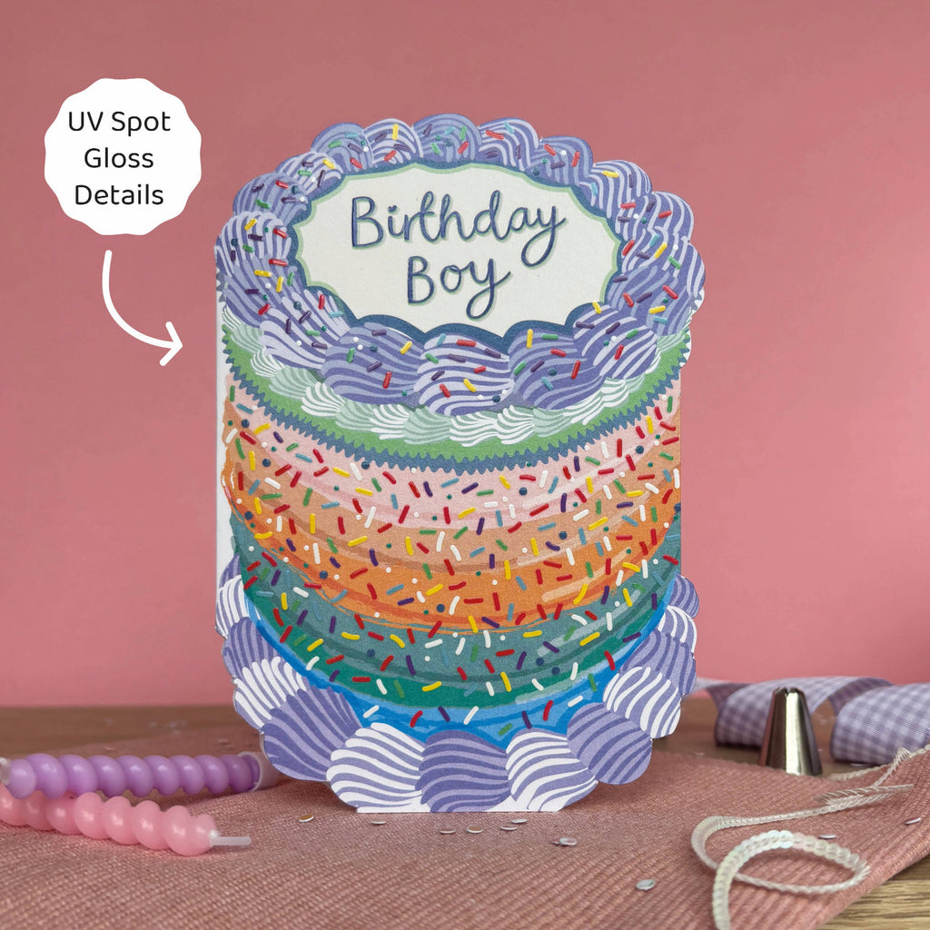 Colorful birthday cake card with 'Birthday Boy' text on a pink background