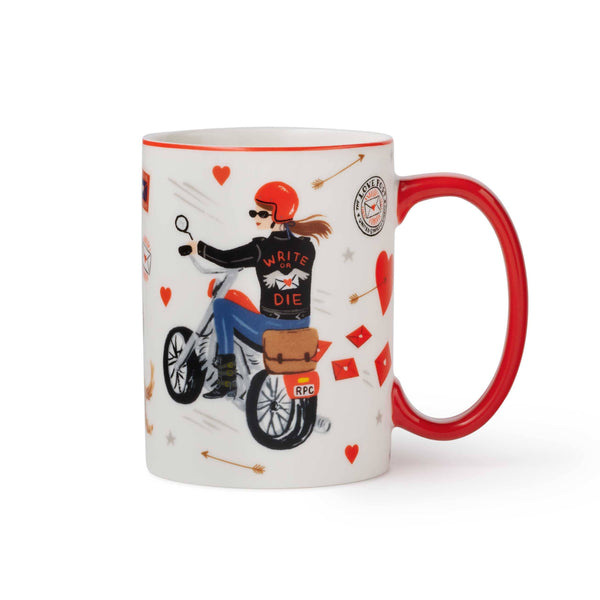 Mug with a design of a person on a motorcycle and text, on a white background