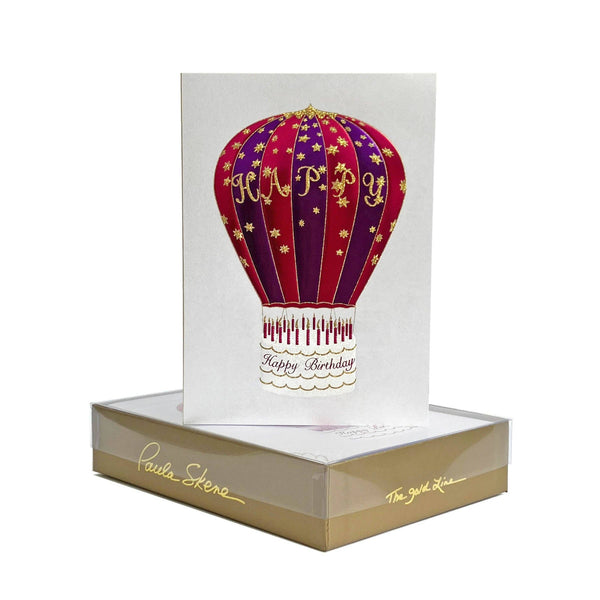 Decorative hot air balloon card with 'Happy Birthday' text in a clear box packaging.