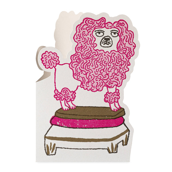 Cartoon poodle with pink fur on a white background
