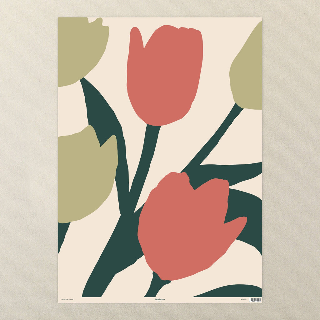 Poster with red tulips and green leaves on a beige background
