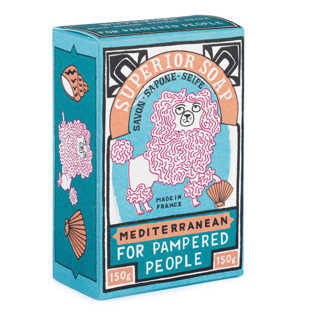 Box of soap with a cartoon poodle design on a white background