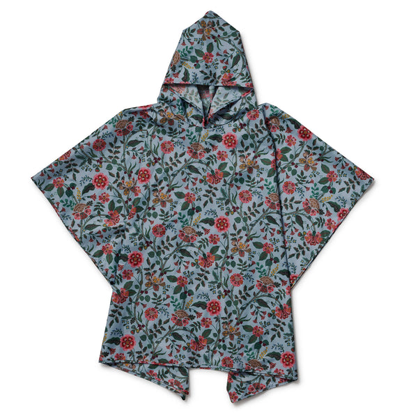 Floral-patterned hooded poncho on a white background