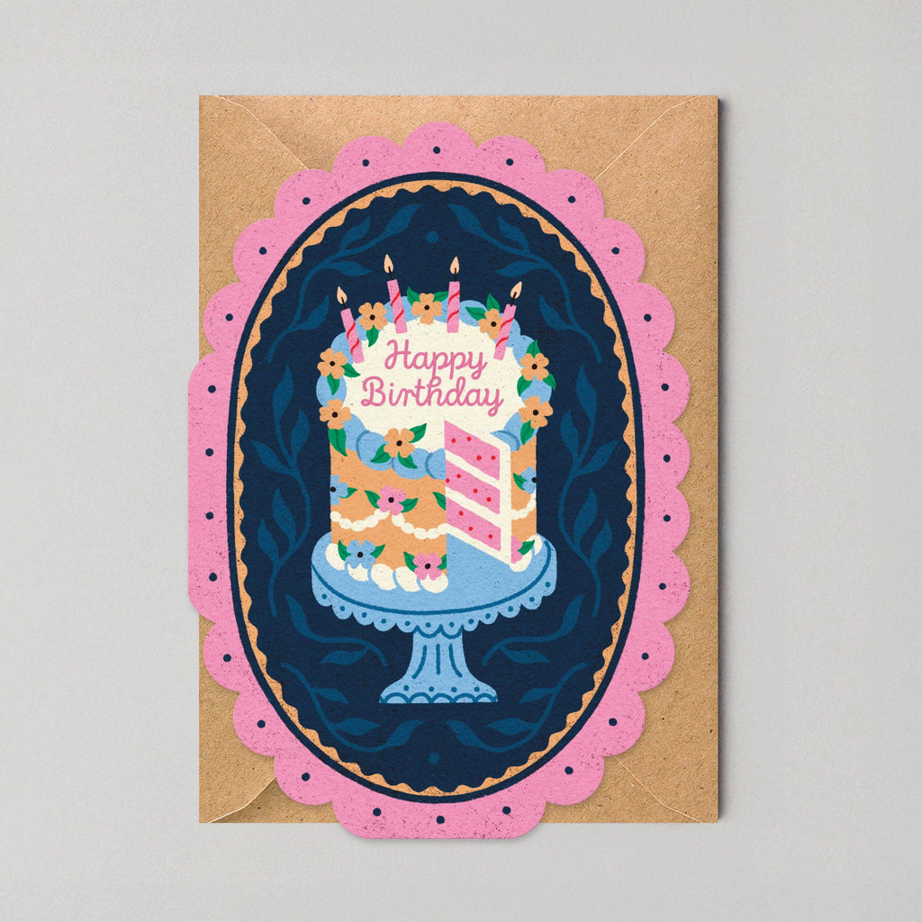 Birthday card with a cake illustration on a gray background