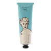 Hand cream tube with a blue label and illustration of a woman's face on a white background