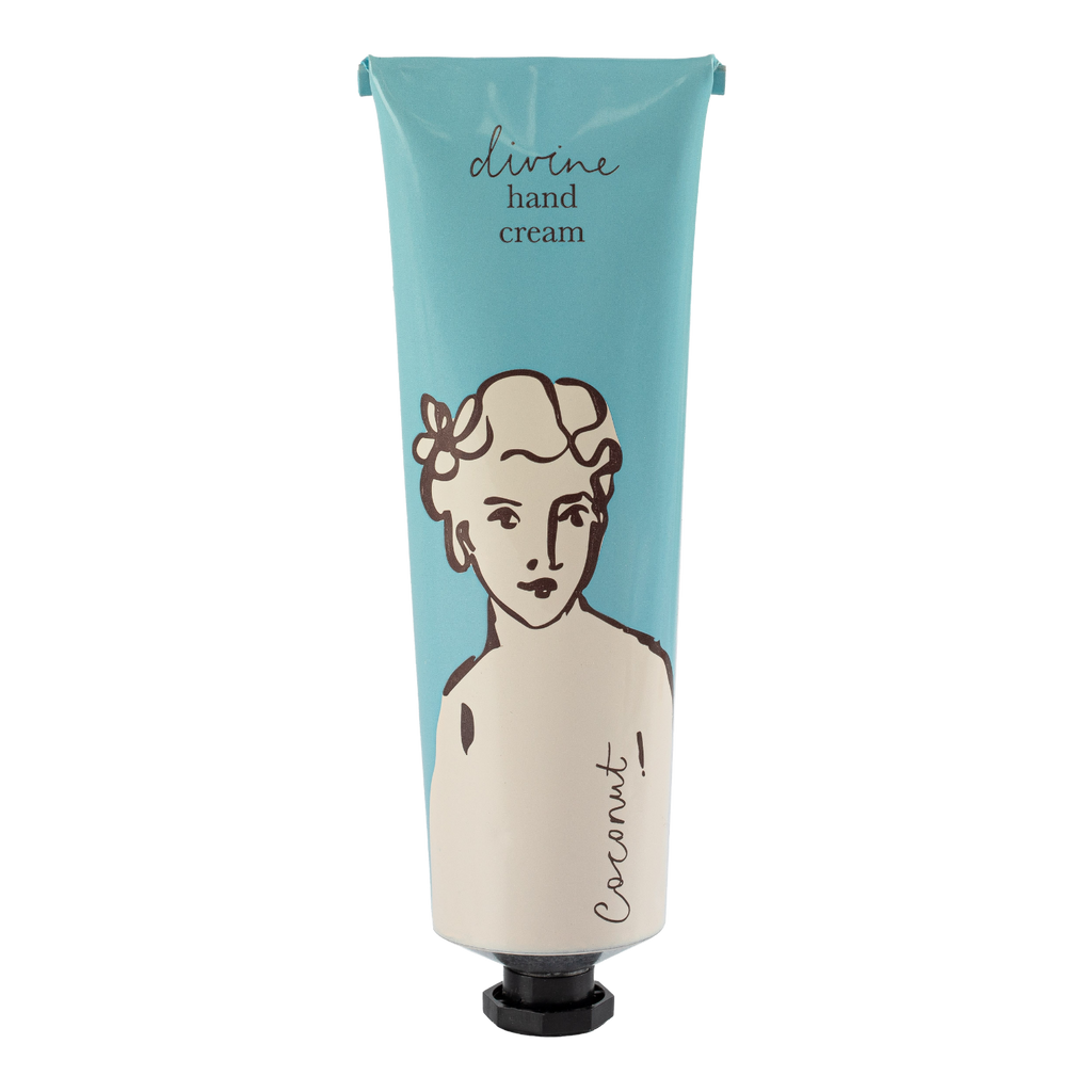 Hand cream tube with a blue label and illustration of a woman's face on a white background