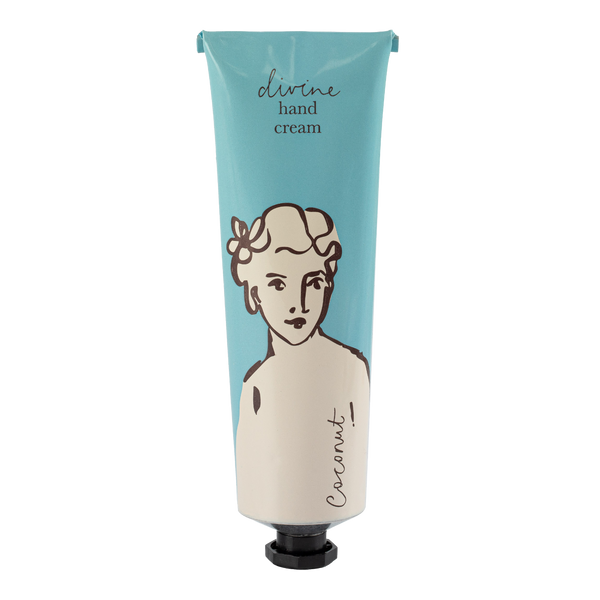Hand cream tube with a blue label and illustration of a woman's face on a white background