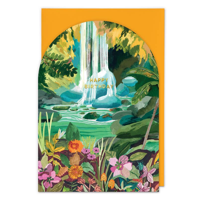 Greeting card with a tropical landscape featuring a waterfall and flowers, with 'Happy Birthday' text.