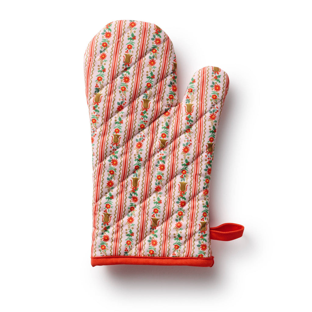 Oven mitt with striped pattern on a white background