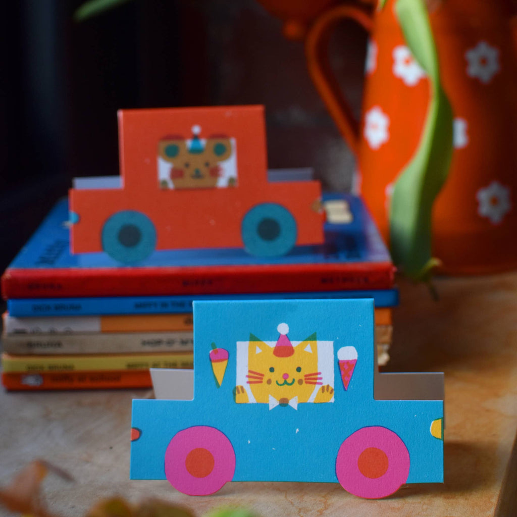 The Printed Peanut - Party Cat Little Blue Car Die Cut Card